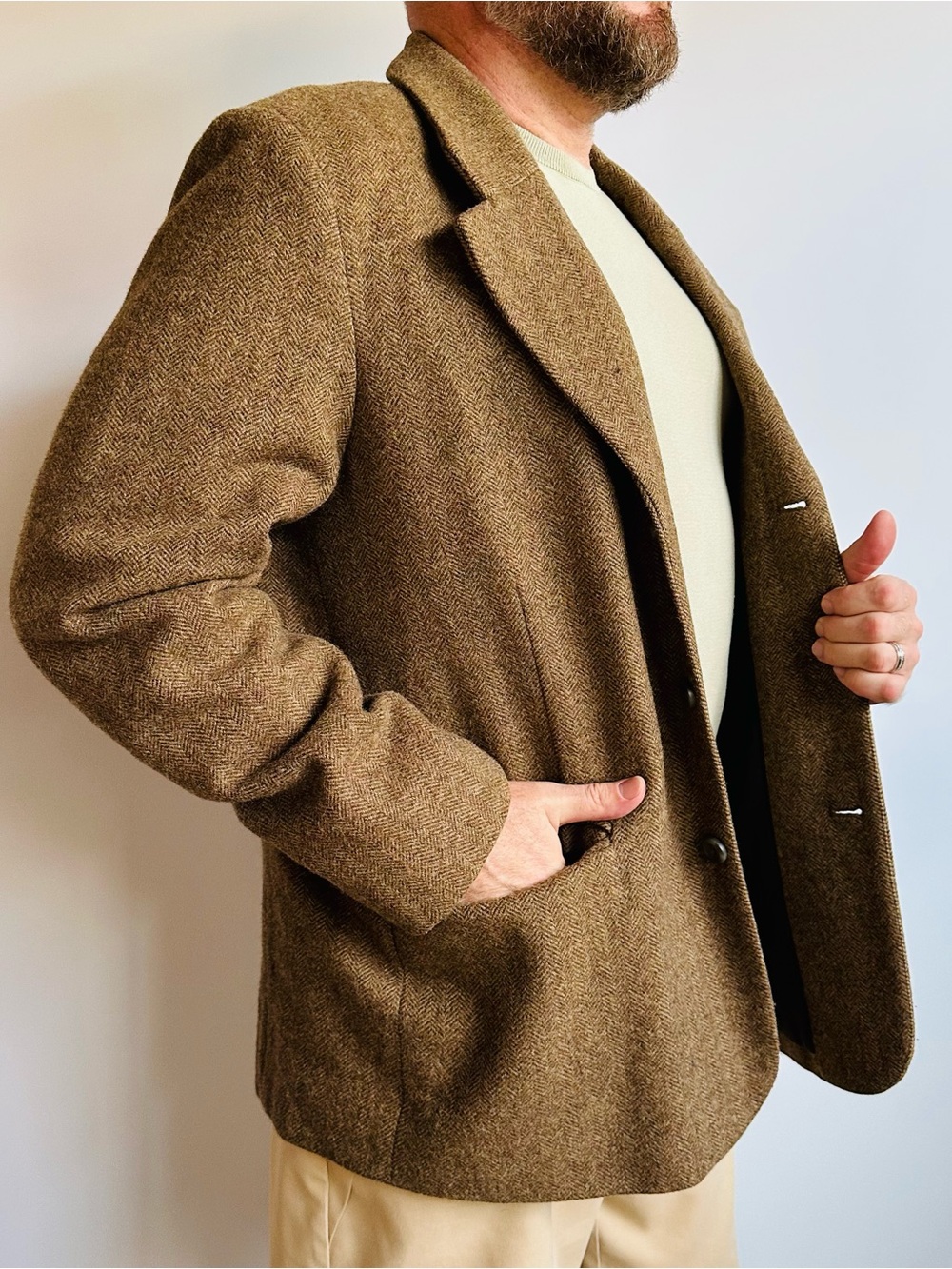 L.L.Bean 100% Shetland Wool Herringbone Blazer Primaloft Brown Jacket Sport Coat